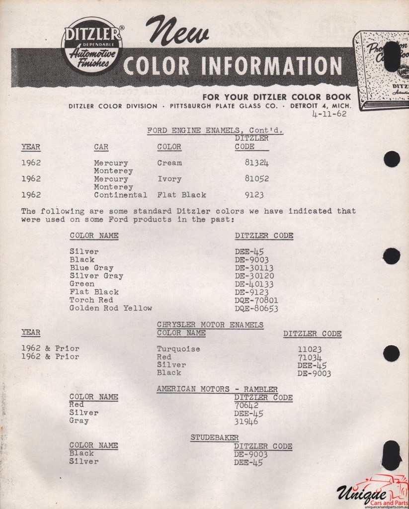 1950 - 1962 Chrysler Paint Charts PPG
